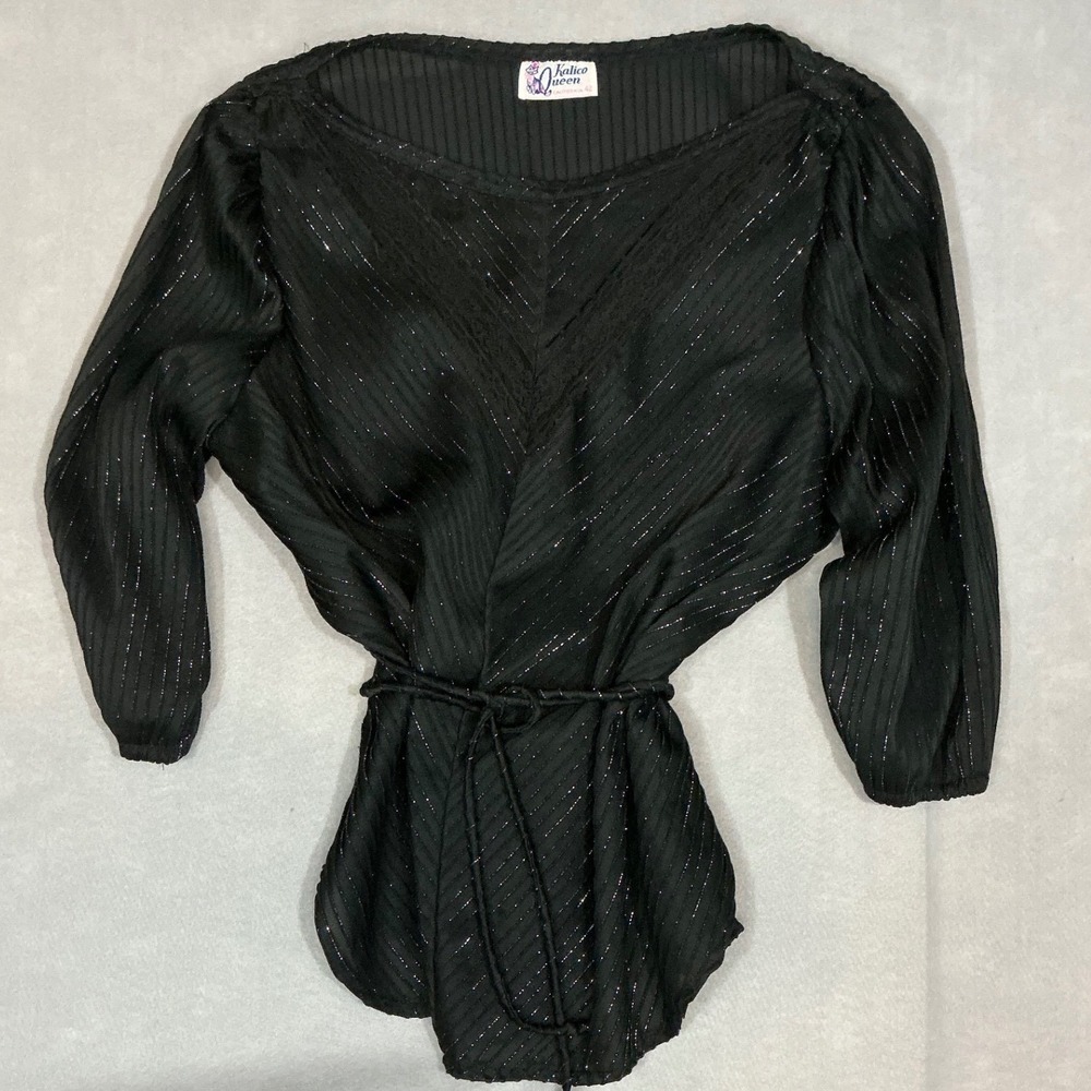 Fairygoth Kalico Queen Black Metallic Stripe Sheer Lace Trim Blouse Top Womens M